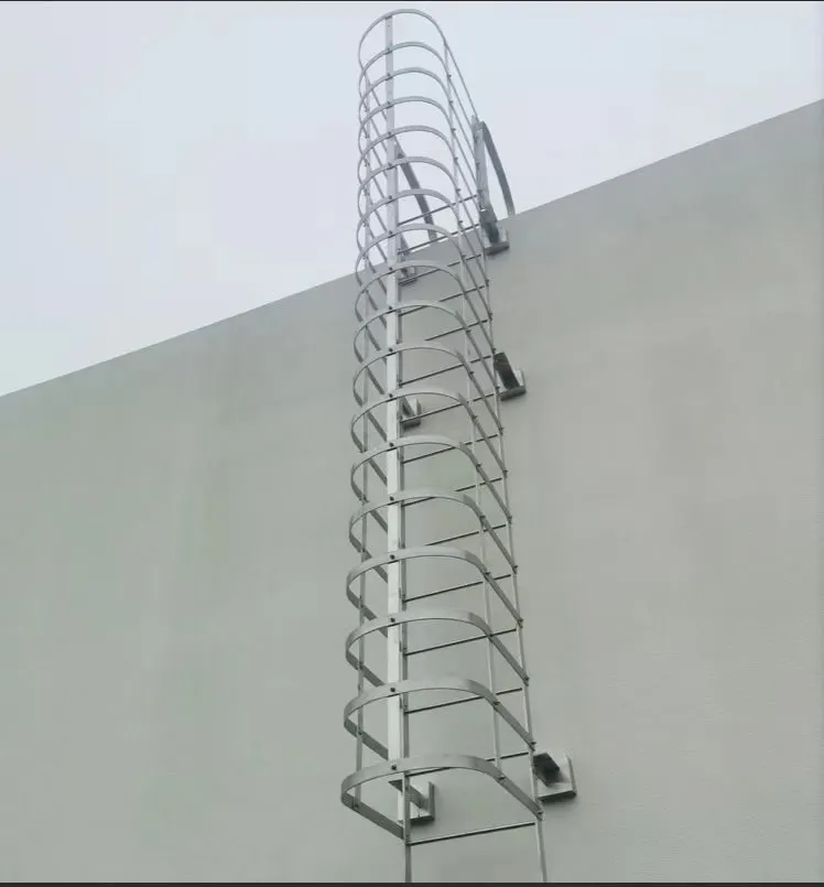 Feuerverzinkte Steigleiter mit Rückenschutz an einer Wand